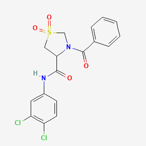 molecular formula C17H14Cl2N2O4S B2445959 3-benzoyl-N-(3,4-dichlorophenyl)thiazolidine-4-carboxamide 1,1-dioxide CAS No. 1048700-03-3
