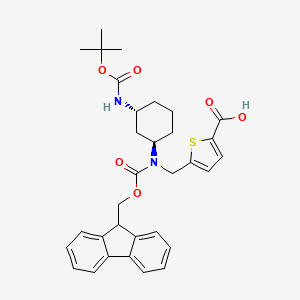molecular formula C32H36N2O6S B2446001 5-[[9H-Fluoren-9-ylmethoxycarbonyl-[(1R,3R)-3-[(2-methylpropan-2-yl)oxycarbonylamino]cyclohexyl]amino]methyl]thiophene-2-carboxylic acid CAS No. 2137057-03-3