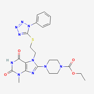 molecular formula C22H26N10O4S B2446010 Ethyl 4-[3-methyl-2,6-dioxo-7-[2-(1-phenyltetrazol-5-yl)sulfanylethyl]purin-8-yl]piperazine-1-carboxylate CAS No. 713089-42-0