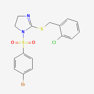 molecular formula C16H14BrClN2O2S2 B2446079 1-(4-Bromophenyl)sulfonyl-2-[(2-chlorophenyl)methylsulfanyl]-4,5-dihydroimidazole CAS No. 868217-81-6