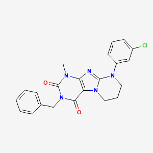 molecular formula C22H20ClN5O2 B2446111 3-benzyl-9-(3-chlorophenyl)-1-methyl-6,7,8,9-tetrahydropyrimido[2,1-f]purine-2,4(1H,3H)-dione CAS No. 877616-71-2