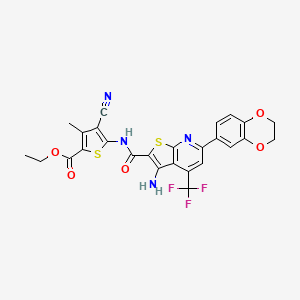 molecular formula C26H19F3N4O5S2 B2446235 5-({[3-氨基-6-(2,3-二氢-1,4-苯并二氧杂环-6-基)-4-(三氟甲基)噻吩并[2,3-b]吡啶-2-基]羰基}氨基)-4-氰基-3-甲基-2-噻吩甲酸乙酯 CAS No. 625377-78-8