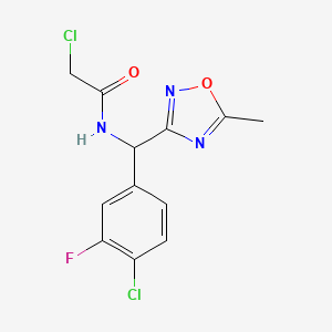 molecular formula C12H10Cl2FN3O2 B2446249 2-Chloro-N-[(4-chloro-3-fluorophenyl)-(5-methyl-1,2,4-oxadiazol-3-yl)methyl]acetamide CAS No. 2411263-30-2