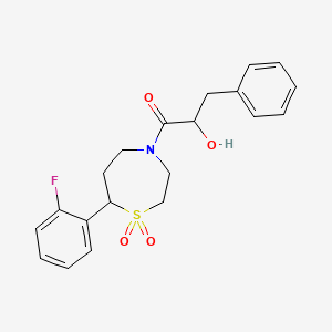 molecular formula C20H22FNO4S B2446287 1-(7-(2-Fluorophenyl)-1,1-dioxido-1,4-thiazepan-4-yl)-2-hydroxy-3-phenylpropan-1-one CAS No. 2034458-62-1