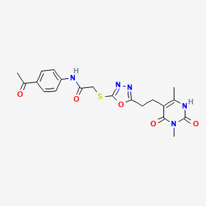 molecular formula C20H21N5O5S B2446316 N-(4-acetylphenyl)-2-((5-(2-(3,6-dimethyl-2,4-dioxo-1,2,3,4-tetrahydropyrimidin-5-yl)ethyl)-1,3,4-oxadiazol-2-yl)thio)acetamide CAS No. 1170476-71-7