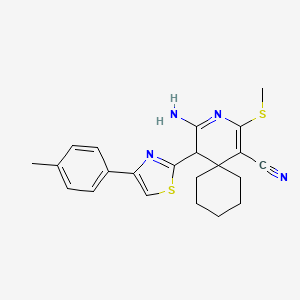 molecular formula C22H24N4S2 B2446337 4-亚氨基-5-[4-(4-甲基苯基)-1,3-噻唑-2-基]-2-(甲硫基)-3-氮代螺[5.5]十一-1-烯-1-腈 CAS No. 385381-59-9