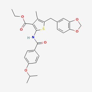 molecular formula C26H27NO6S B2446457 Ethyl 5-(benzo[d][1,3]dioxol-5-ylmethyl)-2-(4-isopropoxybenzamido)-4-methylthiophene-3-carboxylate CAS No. 476365-79-4