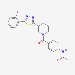 molecular formula C22H21FN4O2S B2446471 N-(4-(3-(5-(2-氟苯基)-1,3,4-噻二唑-2-基)哌啶-1-羰基)苯基)乙酰胺 CAS No. 1351622-77-9