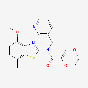 molecular formula C20H19N3O4S B2446497 N-(4-methoxy-7-methylbenzo[d]thiazol-2-yl)-N-(pyridin-3-ylmethyl)-5,6-dihydro-1,4-dioxine-2-carboxamide CAS No. 895428-97-4