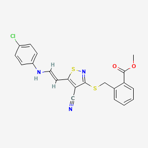 molecular formula C21H16ClN3O2S2 B2446507 Methyl 2-[({5-[2-(4-chloroanilino)vinyl]-4-cyano-3-isothiazolyl}sulfanyl)methyl]benzenecarboxylate CAS No. 338778-49-7