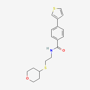 molecular formula C18H21NO2S2 B2446541 N-(2-((tetrahydro-2H-pyran-4-yl)thio)ethyl)-4-(thiophen-3-yl)benzamide CAS No. 1903842-35-2