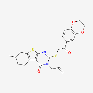 molecular formula C24H24N2O4S2 B2446566 2-[2-(2,3-二氢-1,4-苯并二氧杂环-6-基)-2-氧代乙基]硫烷基-7-甲基-3-丙-2-烯基-5,6,7,8-四氢-[1]苯并噻唑并[2,3-d]嘧啶-4-酮 CAS No. 690642-78-5