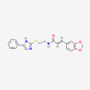 molecular formula C21H19N3O3S B2446571 (E)-3-(苯并[d][1,3]二氧杂环-5-基)-N-(2-((5-苯基-1H-咪唑-2-基)硫)乙基)丙烯酰胺 CAS No. 886899-32-7