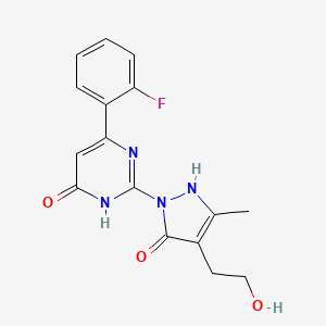 molecular formula C16H15FN4O3 B2446576 6-(2-fluorophenyl)-2-[4-(2-hydroxyethyl)-3-methyl-5-oxo-2,5-dihydro-1H-pyrazol-1-yl]-4(3H)-pyrimidinone CAS No. 866138-08-1