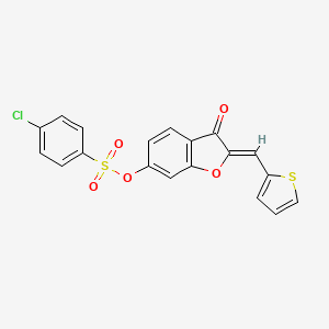 molecular formula C19H11ClO5S2 B2446629 (Z)-3-oxo-2-(thiophen-2-ylmethylene)-2,3-dihydrobenzofuran-6-yl 4-chlorobenzenesulfonate CAS No. 929371-37-9