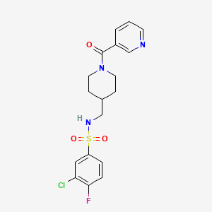 molecular formula C18H19ClFN3O3S B2446647 3-chloro-4-fluoro-N-((1-nicotinoylpiperidin-4-yl)methyl)benzenesulfonamide CAS No. 1396578-31-6