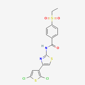 molecular formula C16H12Cl2N2O3S3 B2446686 N-(4-(2,5-dichlorothiophen-3-yl)thiazol-2-yl)-4-(ethylsulfonyl)benzamide CAS No. 941959-70-2