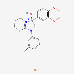 molecular formula C21H23BrN2O3S B2446721 3-(2,3-dihydrobenzo[b][1,4]dioxin-6-yl)-3-hydroxy-1-(m-tolyl)-3,5,6,7-tetrahydro-2H-imidazo[2,1-b][1,3]thiazin-1-ium bromide CAS No. 1106751-66-9