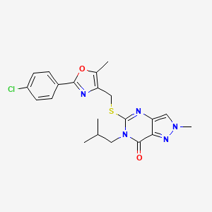 molecular formula C21H22ClN5O2S B2446726 5-(((2-(4-chlorophenyl)-5-methyloxazol-4-yl)methyl)thio)-6-isobutyl-2-methyl-2,6-dihydro-7H-pyrazolo[4,3-d]pyrimidin-7-one CAS No. 2319876-89-4