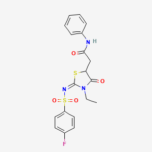 molecular formula C19H18FN3O4S2 B2446727 (E)-2-(3-ethyl-2-(((4-fluorophenyl)sulfonyl)imino)-4-oxothiazolidin-5-yl)-N-phenylacetamide CAS No. 867042-01-1