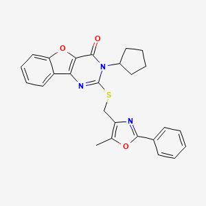 molecular formula C26H23N3O3S B2446755 3-cyclopentyl-2-(((5-methyl-2-phenyloxazol-4-yl)methyl)thio)benzofuro[3,2-d]pyrimidin-4(3H)-one CAS No. 1031968-86-1