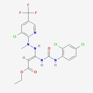 molecular formula C19H17Cl3F3N5O3 B2446796 ethyl (2E)-3-{2-[3-chloro-5-(trifluoromethyl)pyridin-2-yl]-2-methylhydrazin-1-yl}-3-{[(2,4-dichlorophenyl)carbamoyl]amino}prop-2-enoate CAS No. 337920-13-5