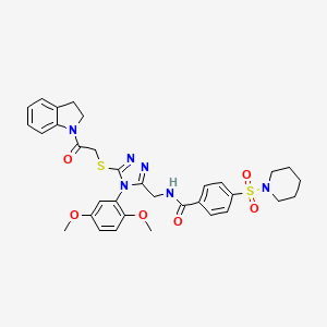 molecular formula C33H36N6O6S2 B2446901 N-((4-(2,5-dimethoxyphenyl)-5-((2-(indolin-1-yl)-2-oxoethyl)thio)-4H-1,2,4-triazol-3-yl)methyl)-4-(piperidin-1-ylsulfonyl)benzamide CAS No. 309969-51-5