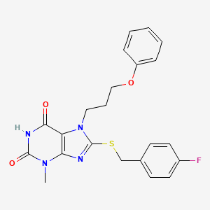 molecular formula C22H21FN4O3S B2446950 8-((4-fluorobenzyl)thio)-3-methyl-7-(3-phenoxypropyl)-1H-purine-2,6(3H,7H)-dione CAS No. 1105245-38-2