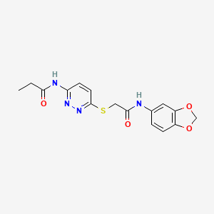 molecular formula C16H16N4O4S B2446954 N-(6-((2-(benzo[d][1,3]dioxol-5-ylamino)-2-oxoethyl)thio)pyridazin-3-yl)propionamide CAS No. 1021135-64-7