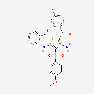 molecular formula C27H26N2O4S2 B2446962 (3-Amino-5-((2-ethylphenyl)amino)-4-((4-methoxyphenyl)sulfonyl)thiophen-2-yl)(p-tolyl)methanone CAS No. 1115338-03-8