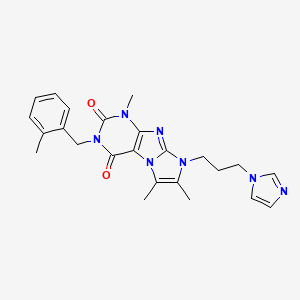 molecular formula C24H27N7O2 B2446969 8-(3-Imidazolylpropyl)-1,6,7-trimethyl-3-[(2-methylphenyl)methyl]-1,3,5-trihyd ro-4-imidazolino[1,2-h]purine-2,4-dione CAS No. 941951-03-7