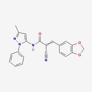 molecular formula C21H16N4O3 B2447038 3-(2H-1,3-benzodioxol-5-yl)-2-cyano-N-(3-methyl-1-phenyl-1H-pyrazol-5-yl)prop-2-enamide CAS No. 882225-09-4