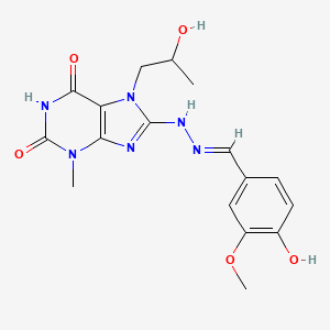 molecular formula C17H20N6O5 B2447056 (E)-8-(2-(4-hydroxy-3-methoxybenzylidene)hydrazinyl)-7-(2-hydroxypropyl)-3-methyl-1H-purine-2,6(3H,7H)-dione CAS No. 899350-78-8