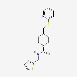 molecular formula C17H21N3OS2 B2447058 4-((吡啶-2-硫基)甲基)-N-(噻吩-2-甲基)哌啶-1-甲酰胺 CAS No. 1421489-61-3