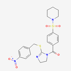 molecular formula C22H24N4O5S2 B2447059 (2-((4-nitrobenzyl)thio)-4,5-dihydro-1H-imidazol-1-yl)(4-(piperidin-1-ylsulfonyl)phenyl)methanone CAS No. 851802-57-8