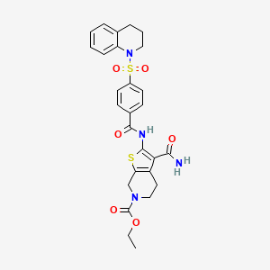 molecular formula C27H28N4O6S2 B2447069 ethyl 3-carbamoyl-2-(4-((3,4-dihydroquinolin-1(2H)-yl)sulfonyl)benzamido)-4,5-dihydrothieno[2,3-c]pyridine-6(7H)-carboxylate CAS No. 449782-27-8