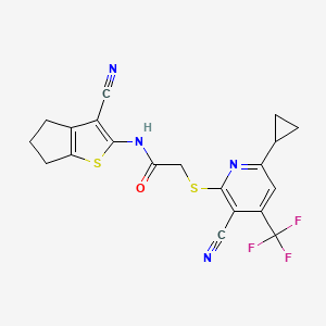 molecular formula C20H15F3N4OS2 B2447091 2-[3-cyano-6-cyclopropyl-4-(trifluoromethyl)pyridin-2-yl]sulfanyl-N-(3-cyano-5,6-dihydro-4H-cyclopenta[b]thiophen-2-yl)acetamide CAS No. 625377-50-6