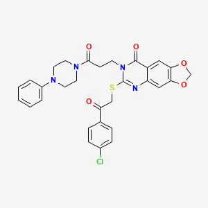 molecular formula C30H27ClN4O5S B2447098 6-((2-(4-chlorophenyl)-2-oxoethyl)thio)-7-(3-oxo-3-(4-phenylpiperazin-1-yl)propyl)-[1,3]dioxolo[4,5-g]quinazolin-8(7H)-one CAS No. 896706-20-0