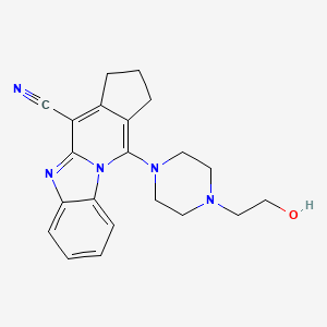 molecular formula C21H23N5O B2447121 16-[4-(2-Hydroxyethyl)piperazin-1-yl]-1,8-diazatetracyclo[7.7.0.0^{2,7}.0^{11,15}]hexadeca-2(7),3,5,8,10,15-hexaene-10-carbonitrile CAS No. 384352-31-2