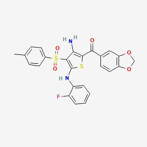 molecular formula C25H19FN2O5S2 B2447199 (3-Amino-5-((2-fluorophenyl)amino)-4-tosylthiophen-2-yl)(benzo[d][1,3]dioxol-5-yl)methanone CAS No. 1115337-77-3