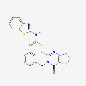 molecular formula C23H20N4O2S3 B2447202 N-(1,3-benzothiazol-2-yl)-2-[(3-benzyl-6-methyl-4-oxo-6,7-dihydrothieno[3,2-d]pyrimidin-2-yl)sulfanyl]acetamide CAS No. 689262-93-9