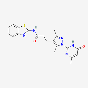 molecular formula C20H20N6O2S B2447216 N-(benzo[d]thiazol-2-yl)-3-(3,5-dimethyl-1-(4-methyl-6-oxo-1,6-dihydropyrimidin-2-yl)-1H-pyrazol-4-yl)propanamide CAS No. 1171065-59-0