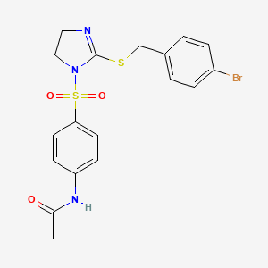 molecular formula C18H18BrN3O3S2 B2447225 N-[4-[[2-[(4-bromophenyl)methylsulfanyl]-4,5-dihydroimidazol-1-yl]sulfonyl]phenyl]acetamide CAS No. 868217-13-4
