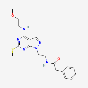 molecular formula C19H24N6O2S B2447293 2-苯基乙酰胺-N-(2-(4-((2-甲氧基乙基)氨基)-6-(甲硫基)-1H-吡唑并[3,4-d]嘧啶-1-基)乙基) CAS No. 946210-90-8