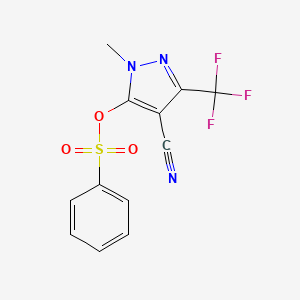 molecular formula C12H8F3N3O3S B2447297 4-cyano-1-methyl-3-(trifluoromethyl)-1H-pyrazol-5-yl benzenesulfonate CAS No. 956825-56-2