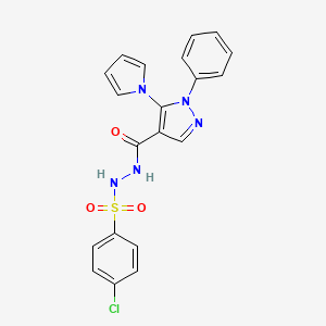 molecular formula C20H16ClN5O3S B2447329 4-chloro-N'-{[1-phenyl-5-(1H-pyrrol-1-yl)-1H-pyrazol-4-yl]carbonyl}benzenesulfonohydrazide CAS No. 477709-82-3