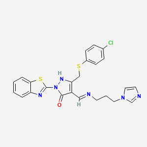 molecular formula C24H21ClN6OS2 B2447347 (E)-4-(((3-(1H-imidazol-1-yl)propyl)amino)methylene)-1-(benzo[d]thiazol-2-yl)-3-(((4-chlorophenyl)thio)methyl)-1H-pyrazol-5(4H)-one CAS No. 361198-06-3