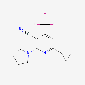 molecular formula C14H14F3N3 B2447360 6-Cyclopropyl-2-(1-pyrrolidinyl)-4-(trifluoromethyl)nicotinonitrile CAS No. 478049-65-9