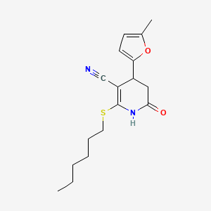 molecular formula C17H22N2O2S B2447363 2-(Hexylthio)-4-(5-methylfuran-2-yl)-6-oxo-1,4,5,6-tetrahydropyridine-3-carbonitrile CAS No. 375836-10-5