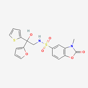 molecular formula C18H16N2O6S2 B2447441 N-(2-(呋喃-2-基)-2-羟基-2-(噻吩-2-基)乙基)-3-甲基-2-氧代-2,3-二氢苯并[d]恶唑-5-磺酰胺 CAS No. 2034264-55-4